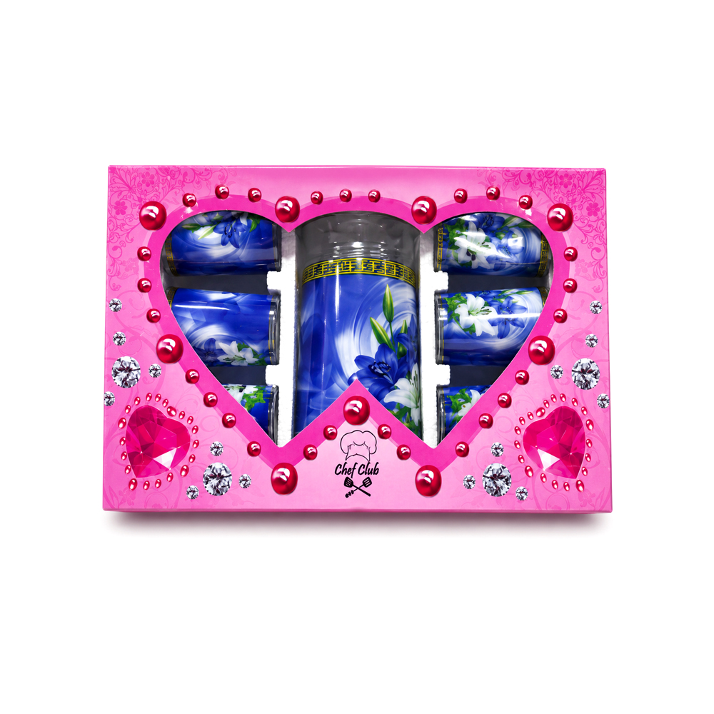 Jarra de Cristal con 6uds de Vasos con Diseño de Lirios Azules y Blancos