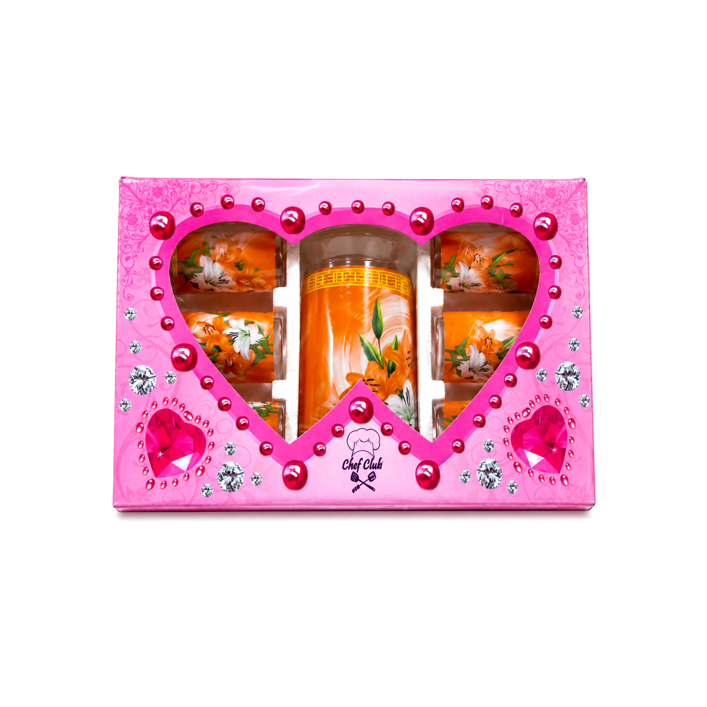Jarra de Cristal con 6uds de Vasos con Diseño de Lirios Naranjas y Blancos