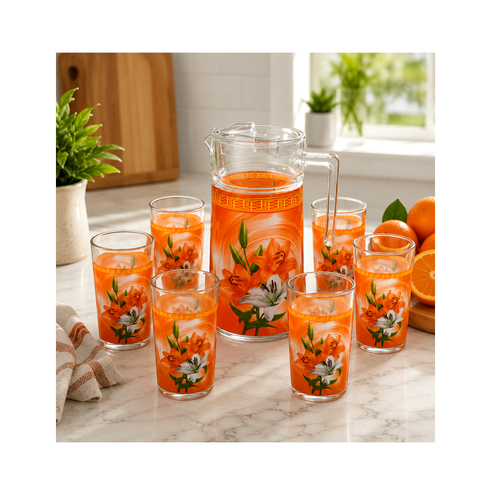 Jarra de Cristal con 6uds de Vasos con Diseño de Lirios Naranjas y Blancos