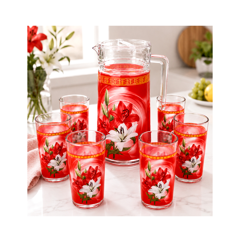 Jarra de Cristal con 6uds de Vasos con Diseño de Lirios Rojos y Blancos