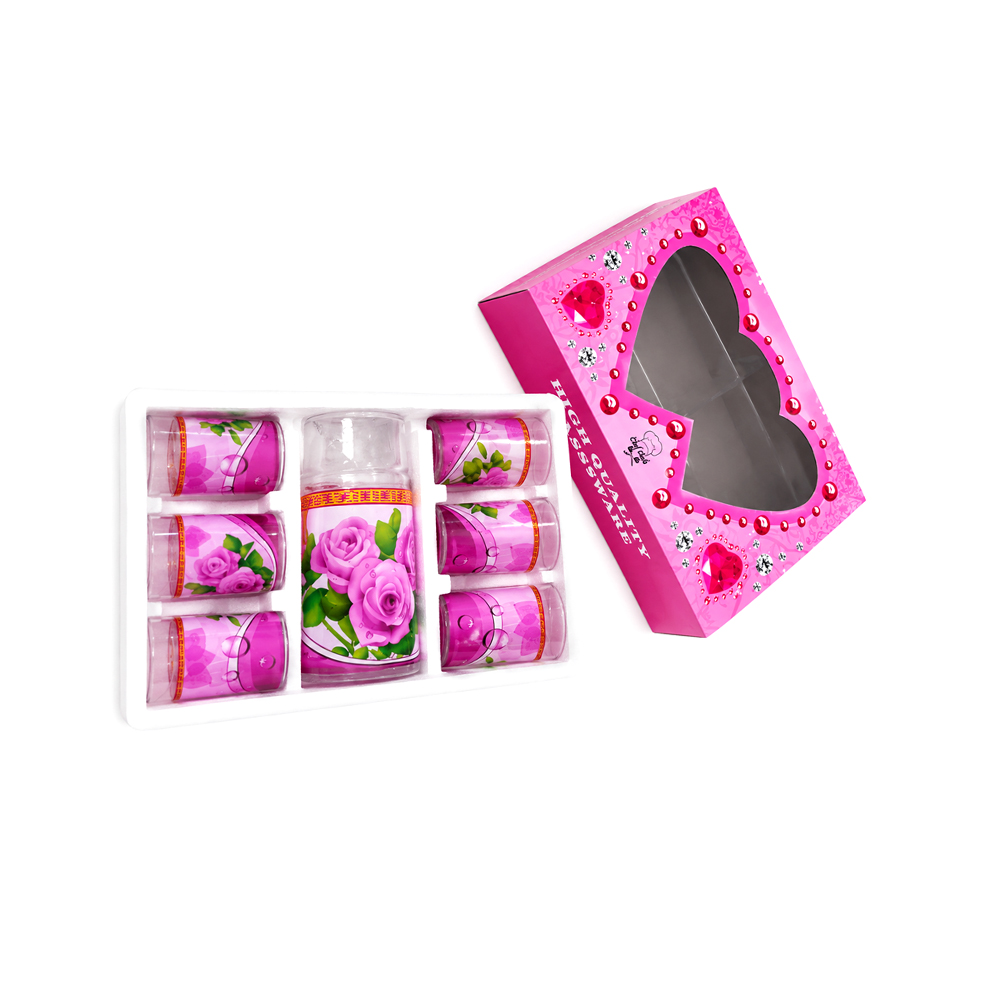 Jarra de Cristal con 6uds de Vasos con Diseño de Rosas Moradas