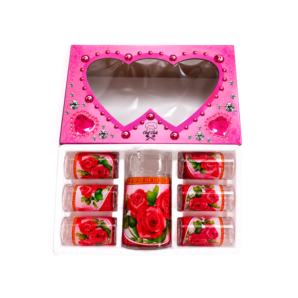 Jarra de Cristal con 6uds de Vasos con Diseño de Rosas Rojas