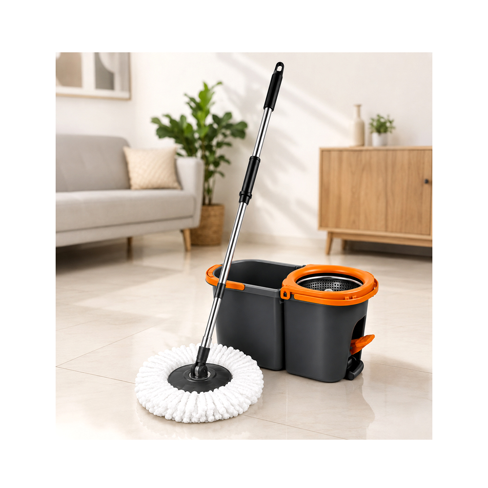 Sistema de Fregona y Cubo Giratorio de Color Mandarina y Gris