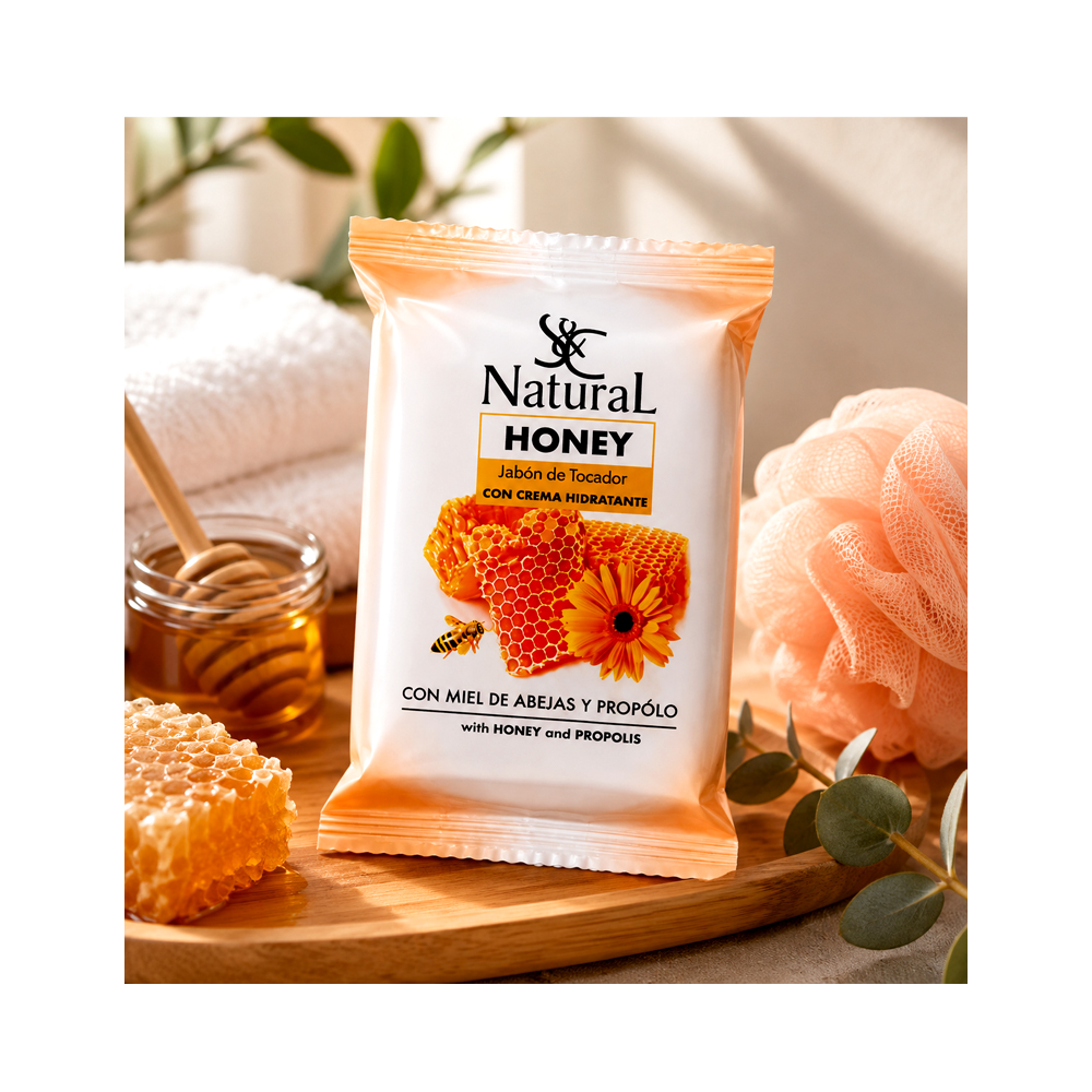 Jabón Natural Honey con Crema Hidratante, Miel de Abejas y Propóleo (125g)