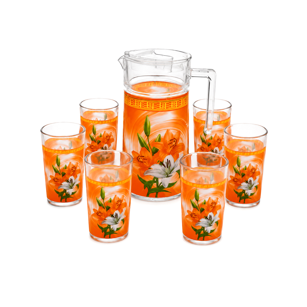 Jarra de Cristal con 6uds de Vasos con Diseño de Lirios Naranjas y Blancos