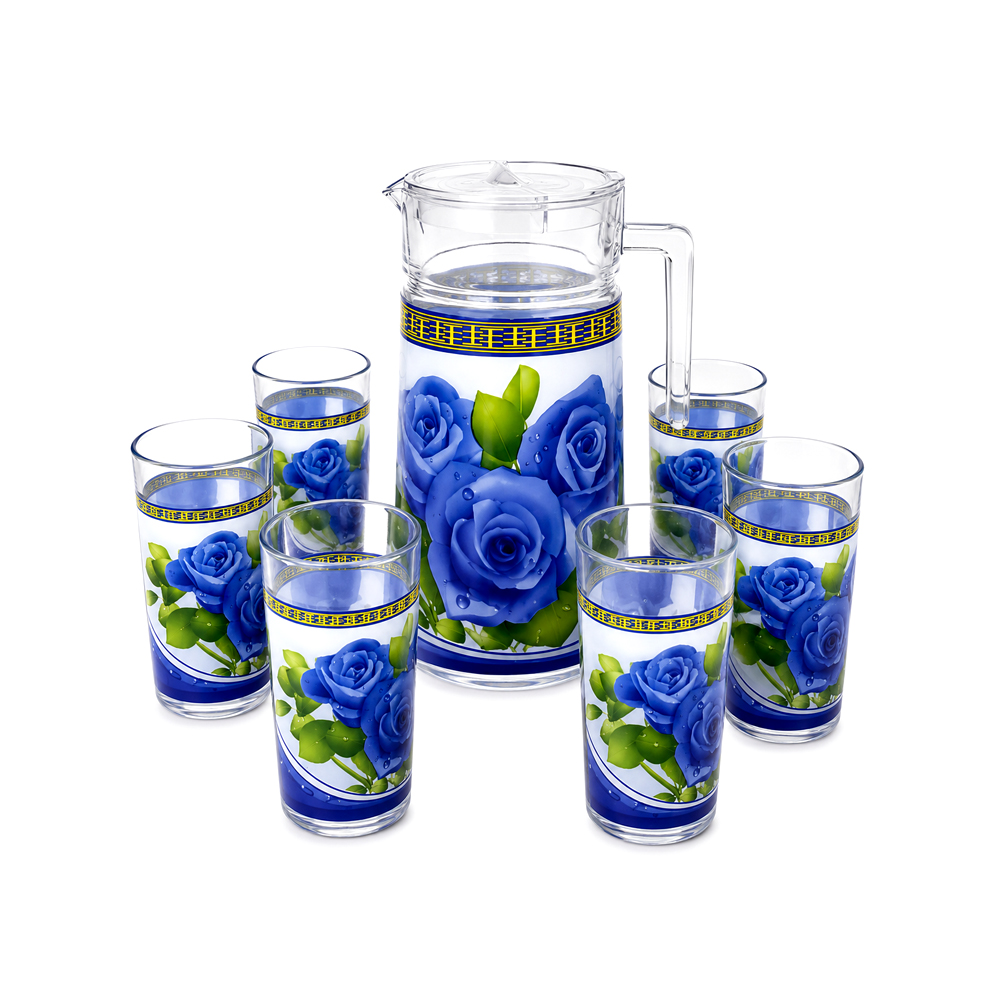 Jarra de Cristal con 6uds de Vasos con Diseño de Rosas Azules