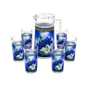 Jarra de Cristal con 6uds de Vasos con Diseño de Lirios Azules y Blancos