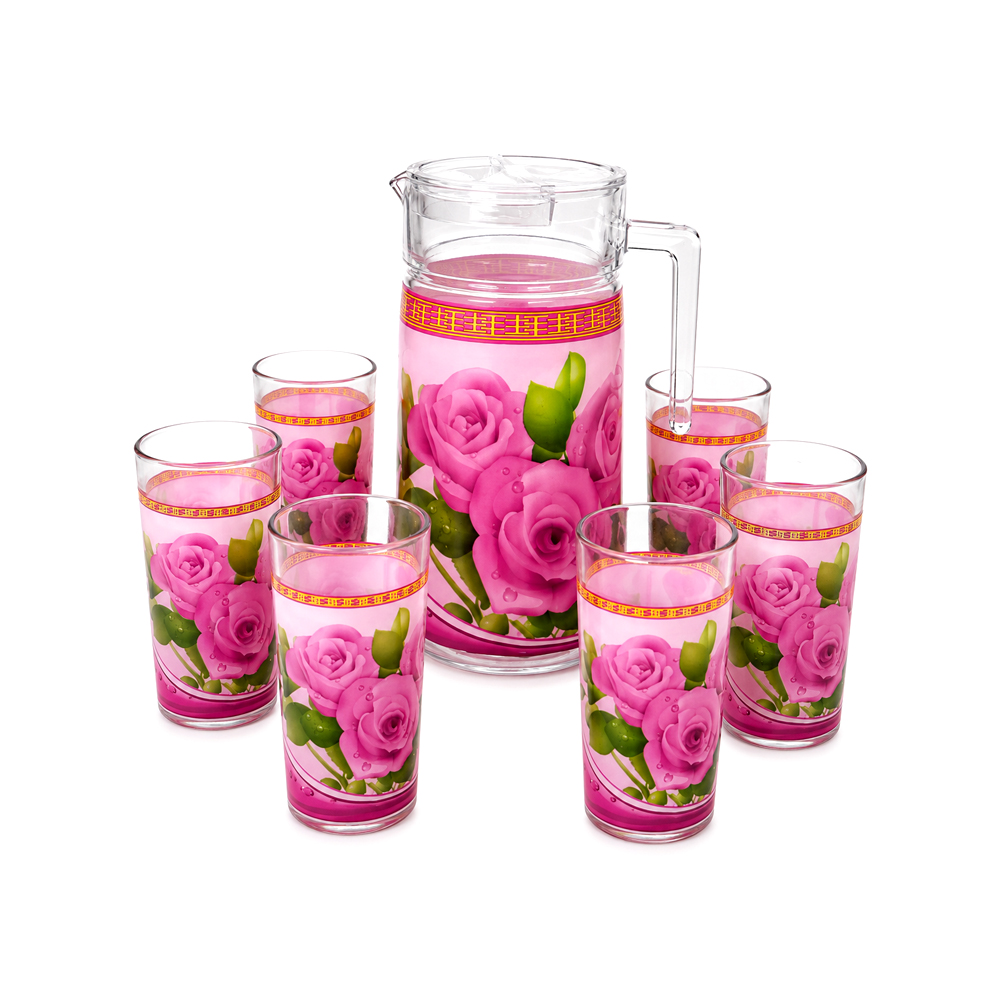 Jarra de Cristal con 6uds de Vasos con Diseño de Rosas Moradas