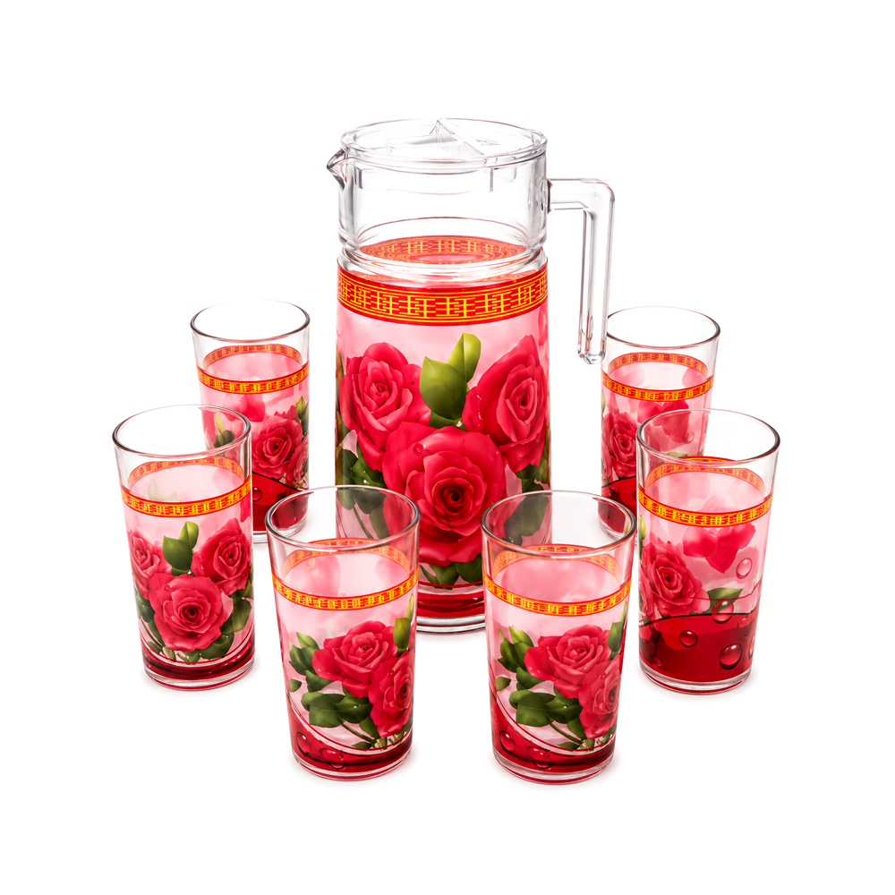 Jarra de Cristal con 6uds de Vasos con Diseño de Rosas Rojas